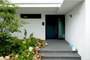 Eingangsbereich eines modernen Hauses mit einer dunklen, minimalistischen Haustür, grauen Steinstufen und einer prächtigen, blühenden Hortensie.