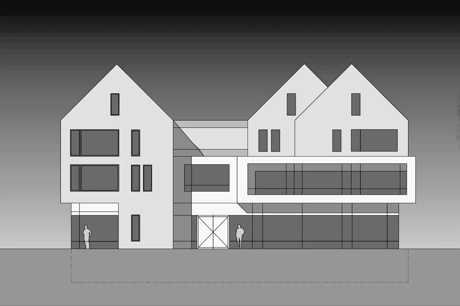 Grafische Darstellung einer Fassadenstudie mit klaren Linien, die verschiedene Baukörper mit Satteldächern und großzügigen Glasflächen zeigt.