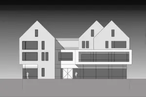 Grafische Darstellung einer Fassadenstudie mit klaren Linien, die verschiedene Baukörper mit Satteldächern und großzügigen Glasflächen zeigt.