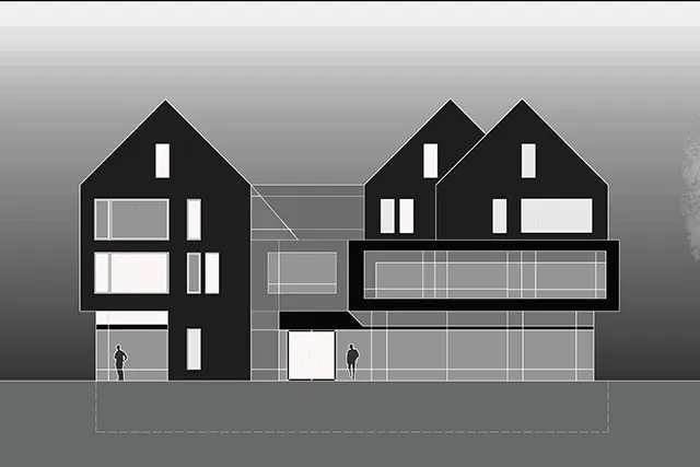 Architektur-Schema in Schwarz-Weiß: Frontansicht eines modernen Gebäudekomplexes mit Giebeldächern und markanten Fensterbändern auf dunklem Verlaufsgrund.
