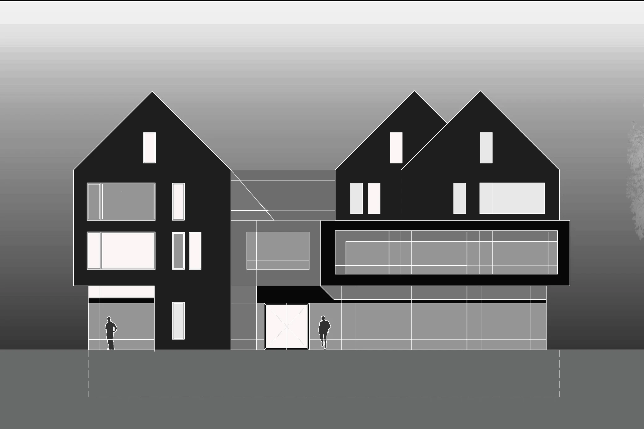 Architektur-Schema in Schwarz-Weiß: Frontansicht eines modernen Gebäudekomplexes mit Giebeldächern und markanten Fensterbändern auf dunklem Verlaufsgrund.