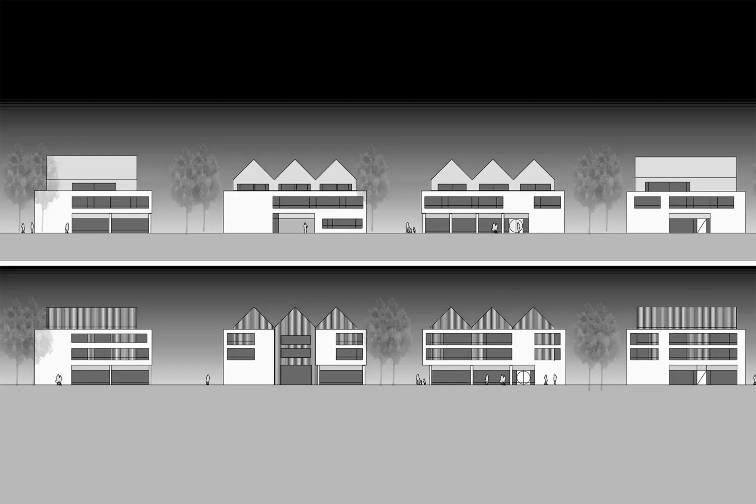 Architektonisches Panorama-Schema: Darstellung einer Häuserzeile in verschiedenen Varianten (hell und dunkel) zur Veranschaulichung von Rhythmus und Fassadengestaltung.
