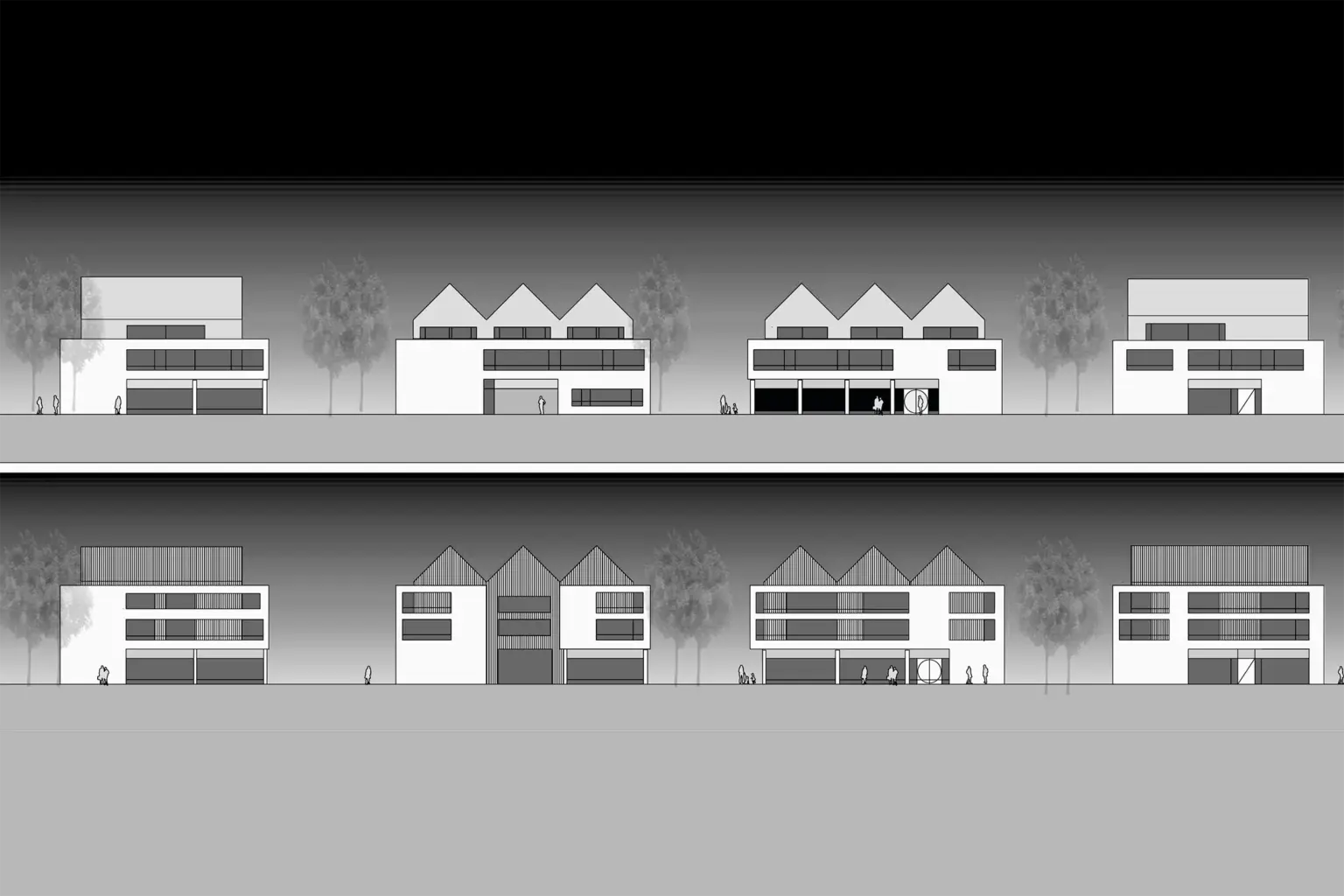 Architektonisches Panorama-Schema: Darstellung einer Häuserzeile in verschiedenen Varianten (hell und dunkel) zur Veranschaulichung von Rhythmus und Fassadengestaltung.