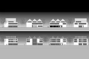 Architektonisches Panorama-Schema: Darstellung einer Häuserzeile in verschiedenen Varianten (hell und dunkel) zur Veranschaulichung von Rhythmus und Fassadengestaltung.