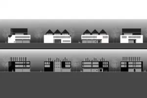 Architektonisches Panorama-Schema: Darstellung einer Häuserzeile in verschiedenen Varianten (hell und dunkel) zur Veranschaulichung von Rhythmus und Fassadengestaltung.