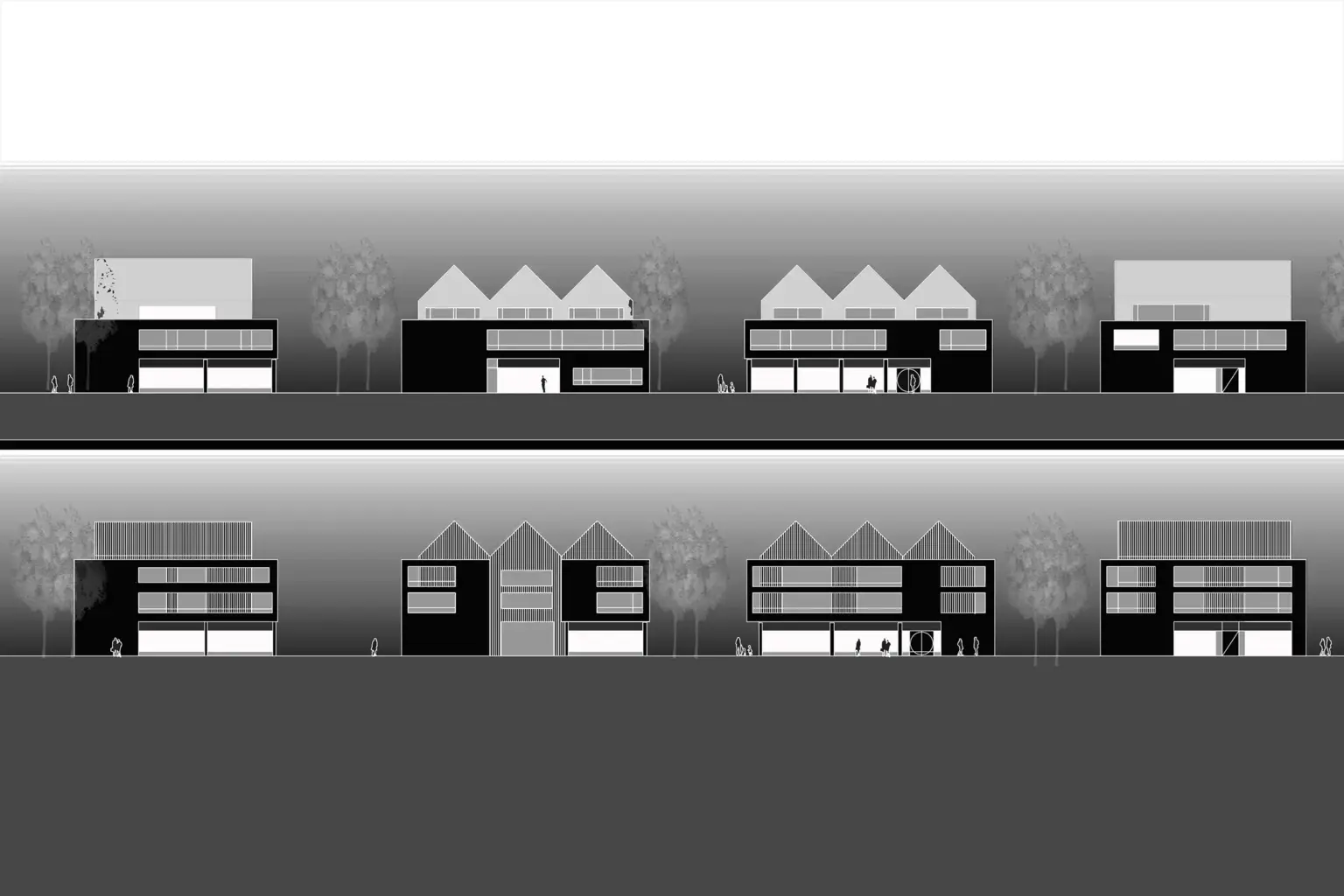 Architektonisches Panorama-Schema: Darstellung einer Häuserzeile in verschiedenen Varianten (hell und dunkel) zur Veranschaulichung von Rhythmus und Fassadengestaltung.