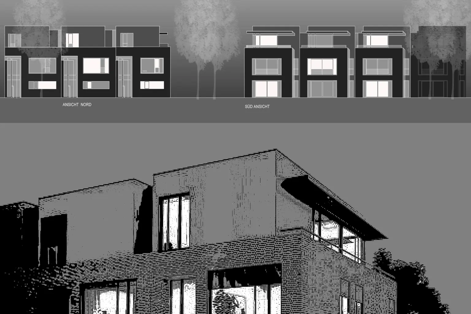 Architektonische Konzeptgrafik: Kombination aus einer Nord- und Süd-Ansicht (Schema) und einer detailreichen Texturstudie des Klinkerbaus.
