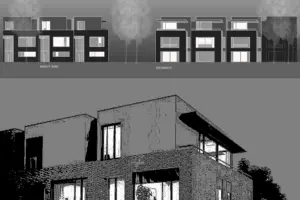 Architektonische Konzeptgrafik: Kombination aus einer Nord- und Süd-Ansicht (Schema) und einer detailreichen Texturstudie des Klinkerbaus.