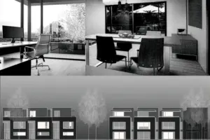 Collage aus Innenraum-Visualisierungen (Büro und Essbereich) in Schwarz-Weiß sowie einem schematischen Außendesign der Wohnanlage.