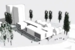Isometrische Entwurfszeichnung einer modernen Wohnanlage; weiße kubische Baukörper gruppieren sich um einen zentralen Innenhof mit Baumbestand.