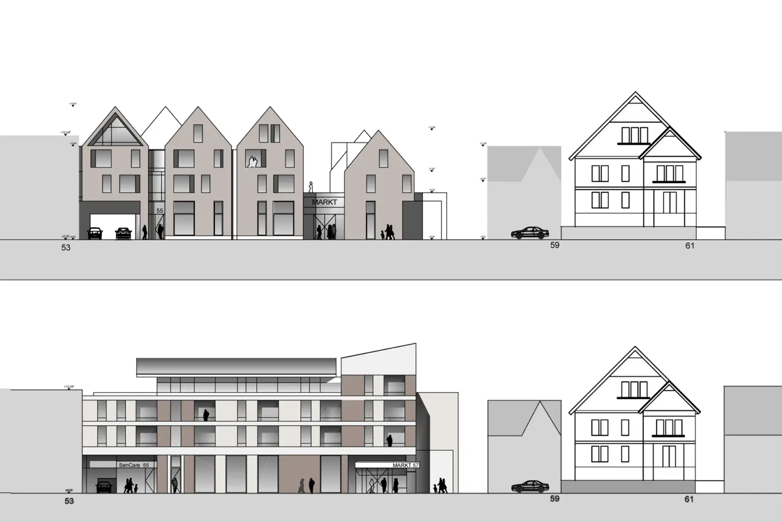 Zweiteiliges Architektur-Schema: Oben eine giebelständige Häuserzeile mit Ladenlokalen, unten ein moderner Riegelbau mit Flachdach und Balkonbändern.