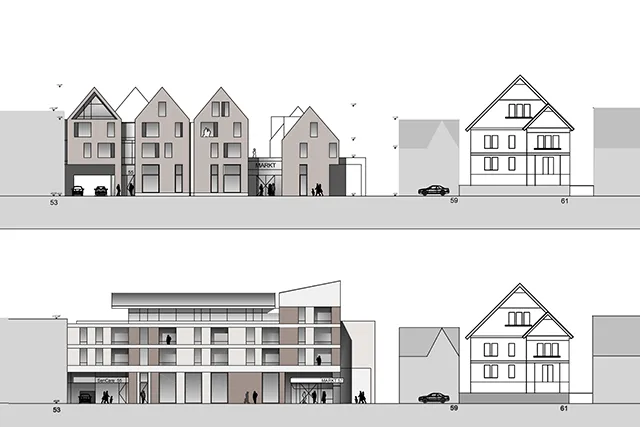 Zweiteiliges Architektur-Schema: Oben eine giebelständige Häuserzeile mit Ladenlokalen, unten ein moderner Riegelbau mit Flachdach und Balkonbändern.