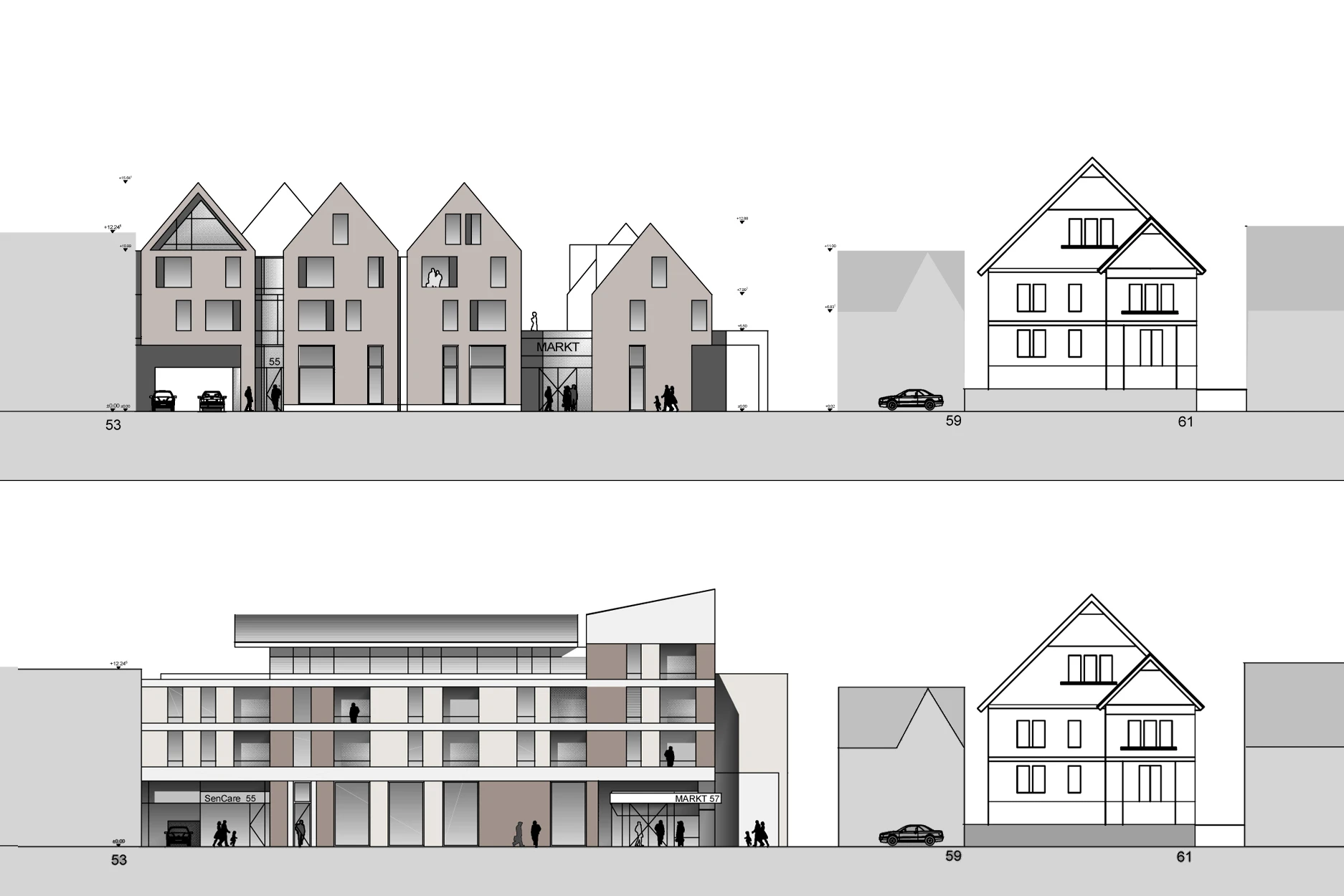 Zweiteiliges Architektur-Schema: Oben eine giebelständige Häuserzeile mit Ladenlokalen, unten ein moderner Riegelbau mit Flachdach und Balkonbändern.