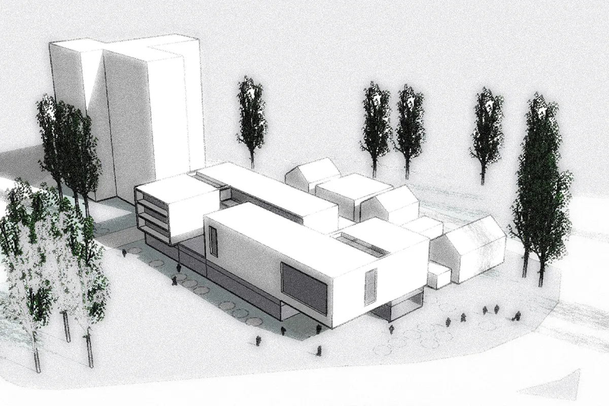 Isometrische Entwurfszeichnung einer modernen Wohnanlage; weiße kubische Baukörper gruppieren sich um einen zentralen Innenhof mit Baumbestand.