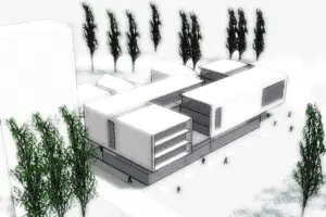 Städtebauliche Vision: Gegenüberstellung eines flachen, u-förmigen Riegelbaus und eines markanten, runden Glasturms in einer parkähnlichen Umgebung.