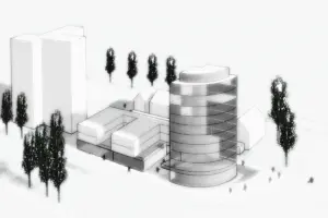 Perspektivische Volumenstudie eines U-förmigen Gebäudekomplexes mit Fokus auf die Gliederung der Baukörper und die Einbettung in die Umgebung.