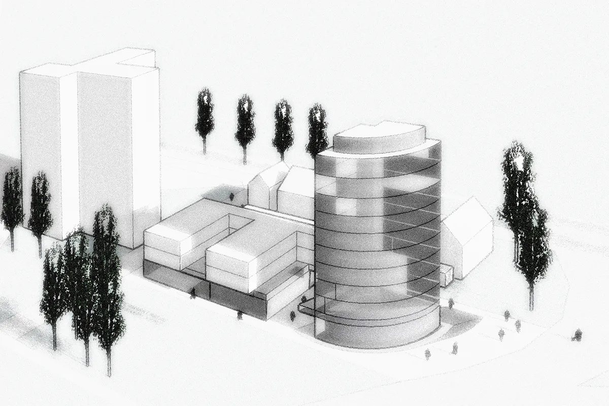 Perspektivische Volumenstudie eines U-förmigen Gebäudekomplexes mit Fokus auf die Gliederung der Baukörper und die Einbettung in die Umgebung.